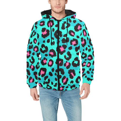 Green leopard skin print pattern Men's Padded Hooded Jacket