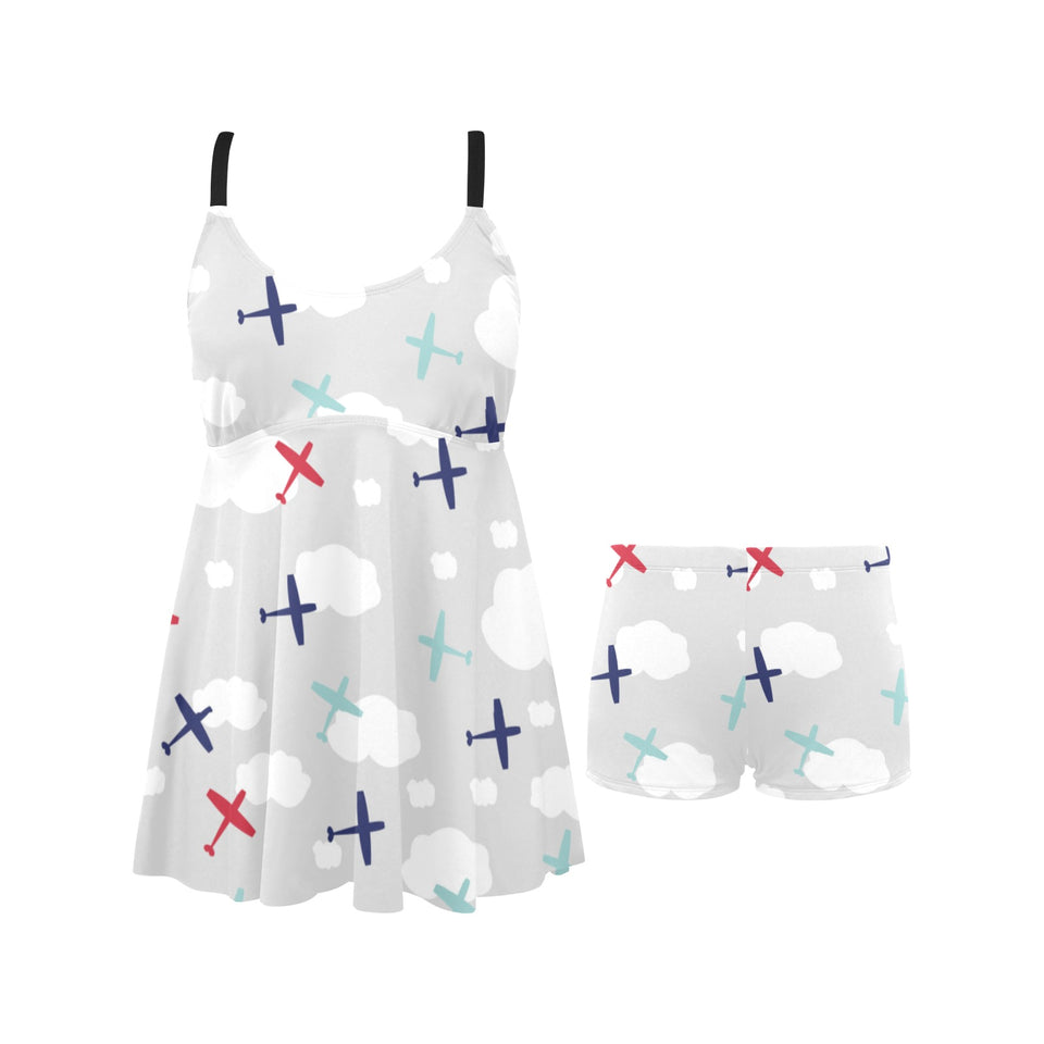Airplane cloud grey background Chest Sexy Pleated Two Piece Swim Dress