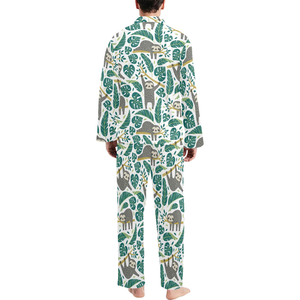 Cute sloths tropical palm leaves white background Men's Long Pajama Set
