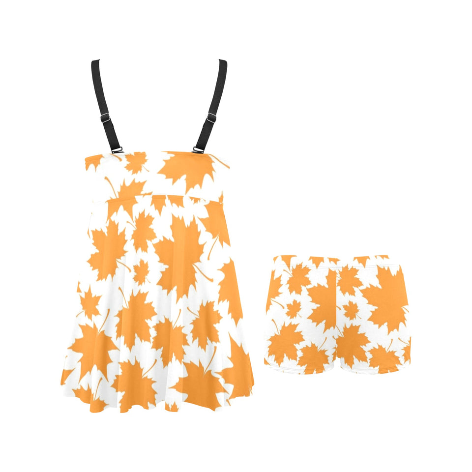 Orange Maple Leaf pattern Chest Sexy Pleated Two Piece Swim Dress