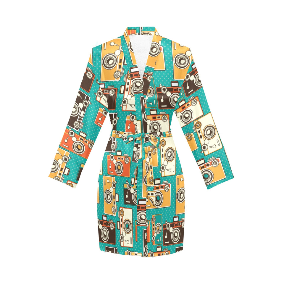 Camera Pattern Print Design 03 Women's Long Sleeve Belted Night Robe