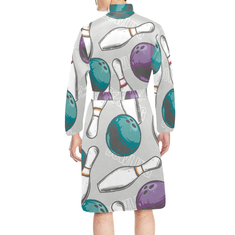 Bowling ball and pin gray background Men's Long Sleeve Belted Night Robe