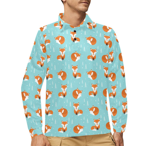 Fox pattern blue b ackground Men's Long Sleeve Polo Shirt
