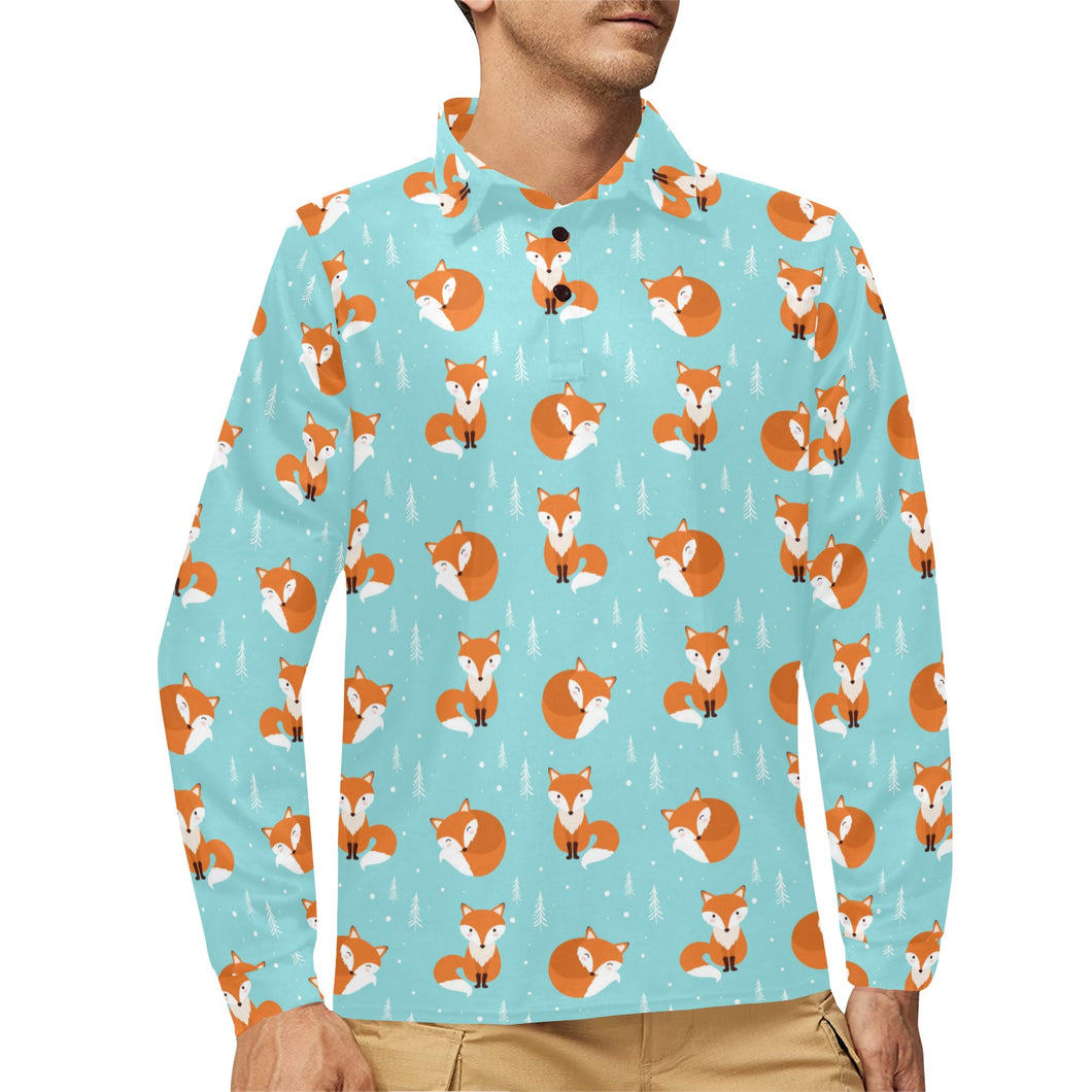 Fox pattern blue b ackground Men's Long Sleeve Polo Shirt
