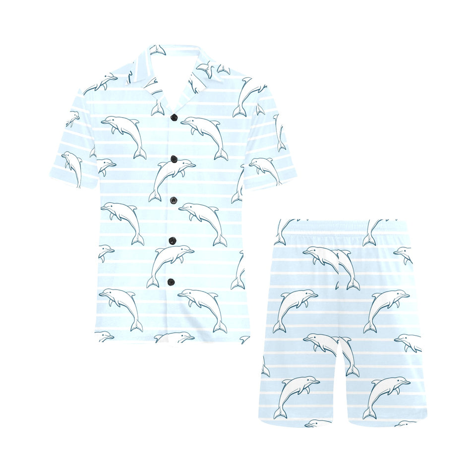 Dolphin blue striped background Men's V-Neck Short Pajama Set