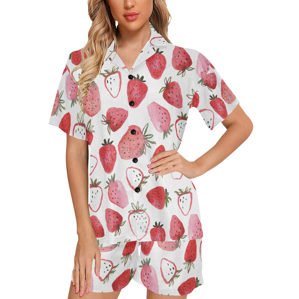 watercolor hand drawn beautiful strawberry pattern Women's V-Neck Short Pajama Set
