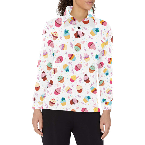 Cake cupcake design pattern Women's Long Sleeve Polo Shirt