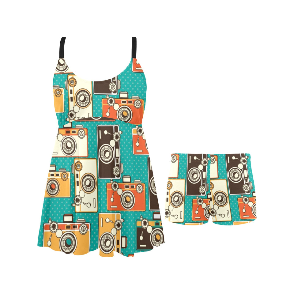 Camera Pattern Print Design 03 Chest Sexy Pleated Two Piece Swim Dress