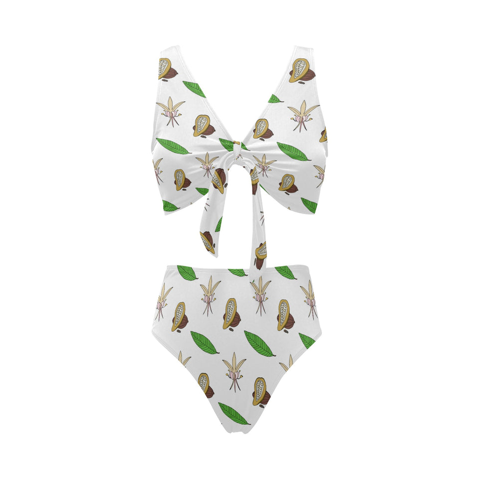 Color hand drawn cacao pattern Chest Bowknot High Waisted Bikini Swimsuit