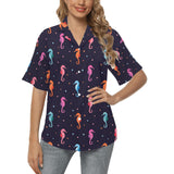 Watercolor colorful seahorse pattern Women's All Over Print Hawaiian Shirt