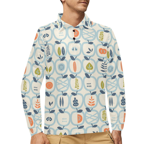 apples leaves pattern Men's Long Sleeve Polo Shirt