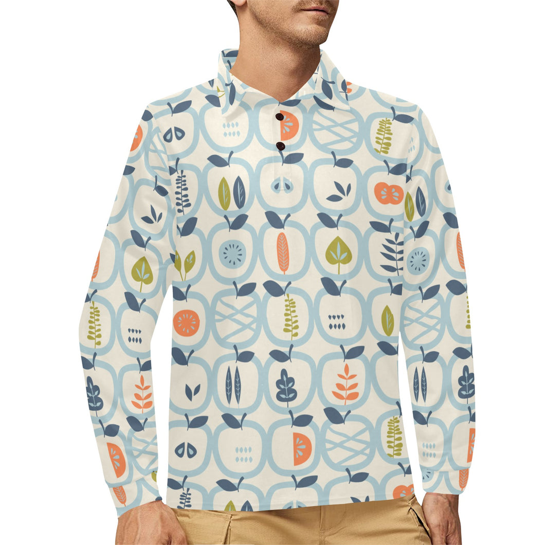 apples leaves pattern Men's Long Sleeve Polo Shirt