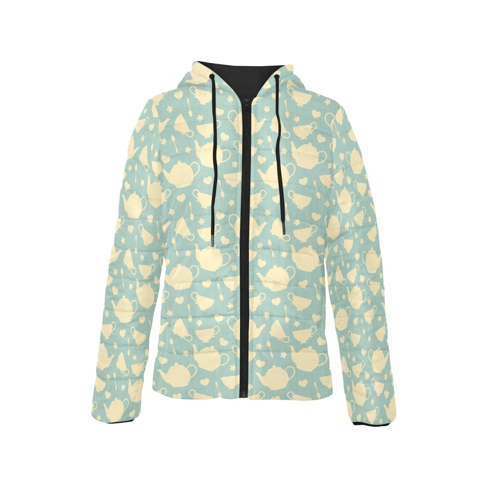Tea pots Pattern Print Design 02 Women's Padded Hooded Jacket