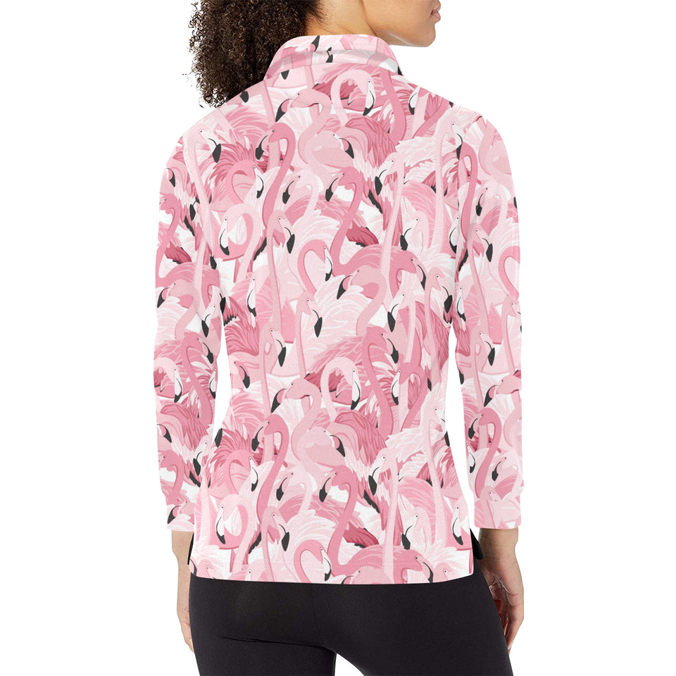 Pink flamingos pattern background Women's Long Sleeve Polo Shirt