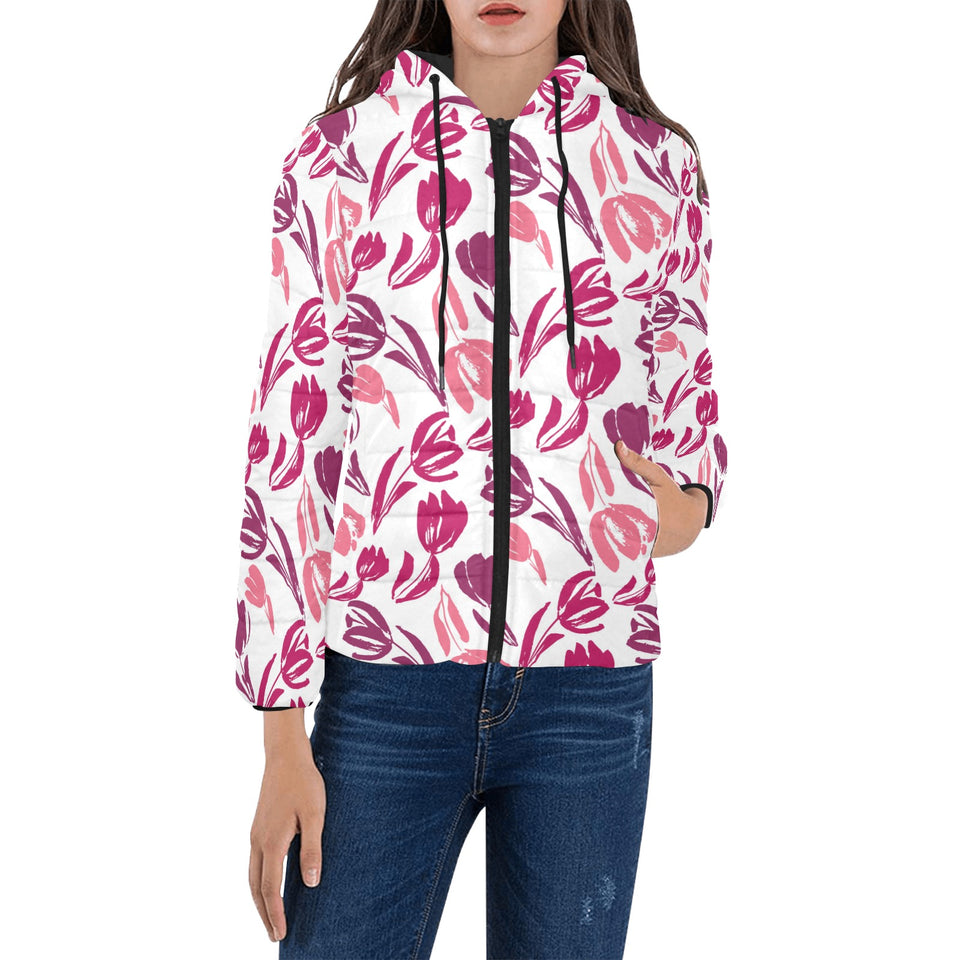 pink sketch tulip pattern Women's Padded Hooded Jacket