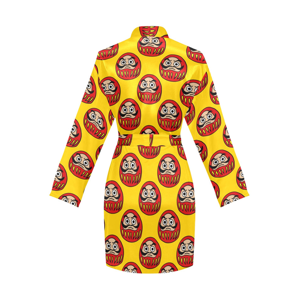 Daruma japanese wooden doll yellow background Women's Long Sleeve Belted Night Robe