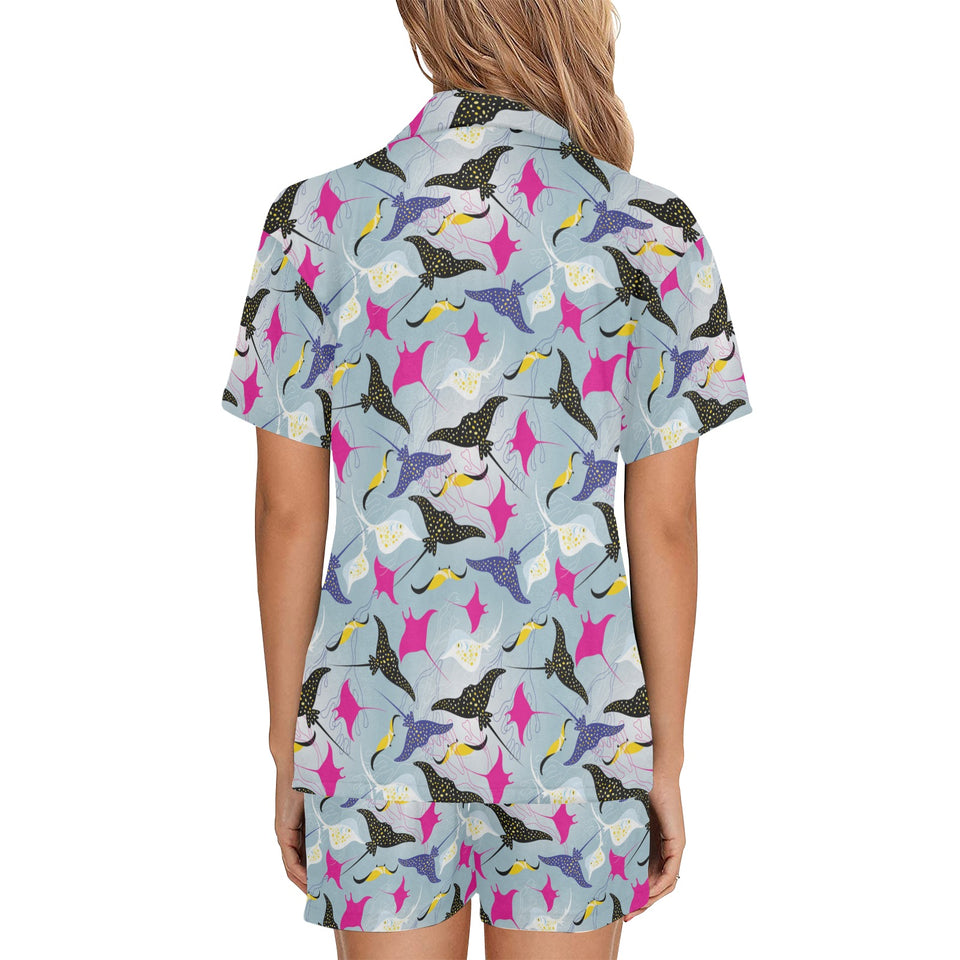 Stingray Pattern Print Design 01 Women's V-Neck Short Pajama Set