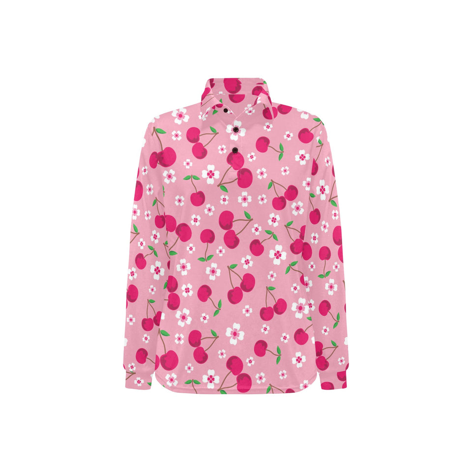 cherry flower pattern pink background Women's Long Sleeve Polo Shirt