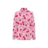 cherry flower pattern pink background Women's Long Sleeve Polo Shirt