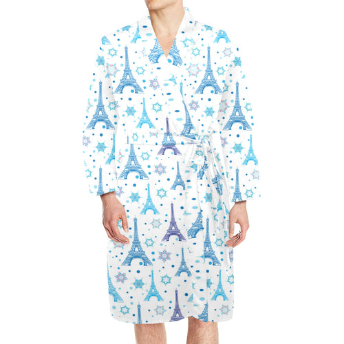 Blue Eiffel Tower Theme Pattern Print Design 01 Men's Long Sleeve Belted Night Robe
