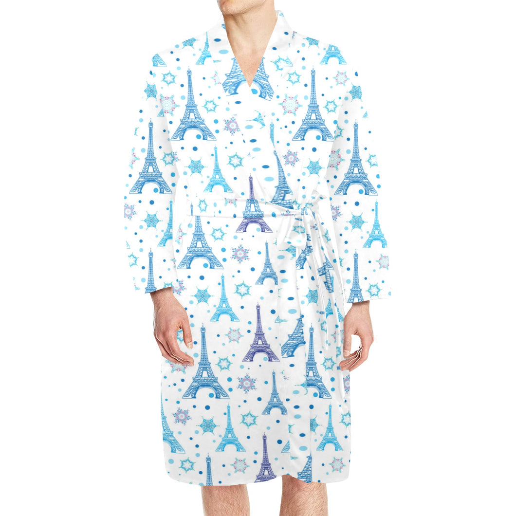 Blue Eiffel Tower Theme Pattern Print Design 01 Men's Long Sleeve Belted Night Robe