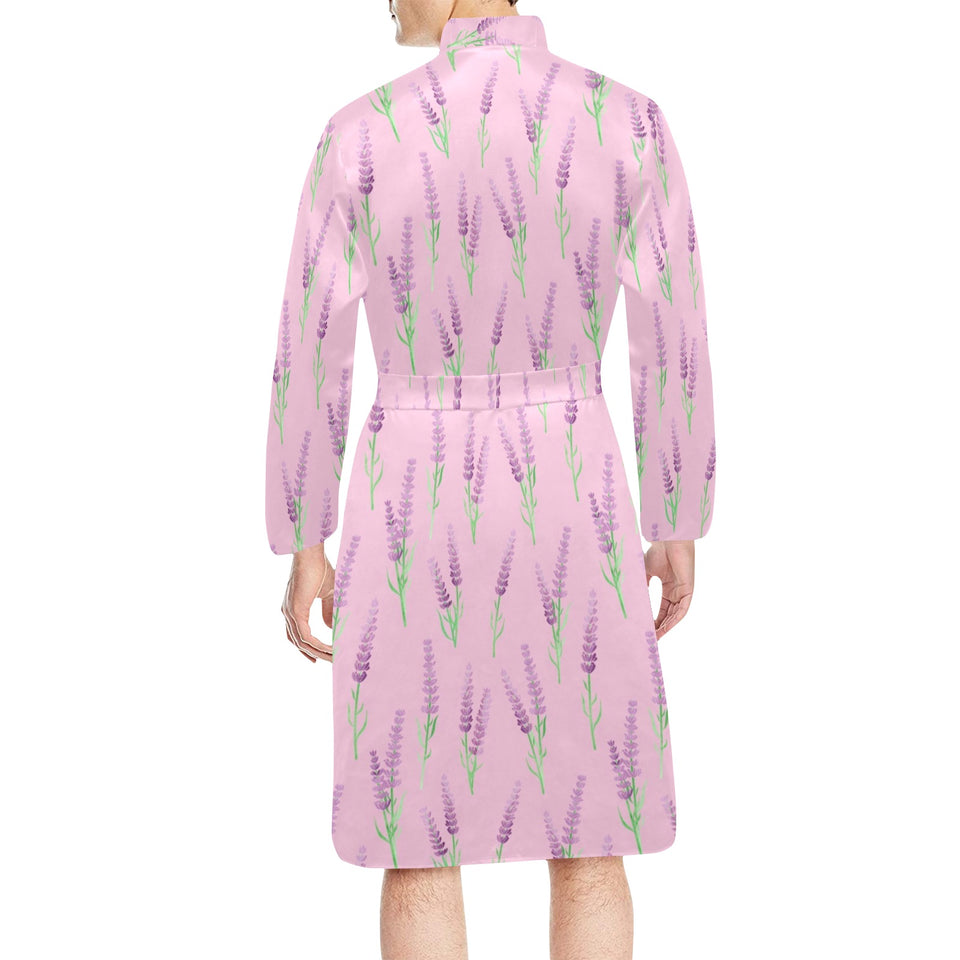 Lavender pattern pink background Men's Long Sleeve Belted Night Robe