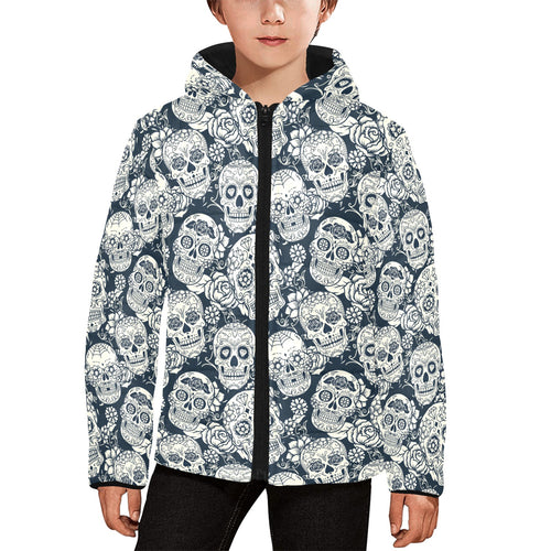 Sugar skull black white pattern Kids' Boys' Girls' Padded Hooded Jacket