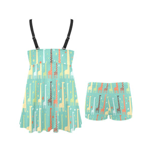 Giraffe Pattern Print Design 01 Chest Sexy Pleated Two Piece Swim Dress