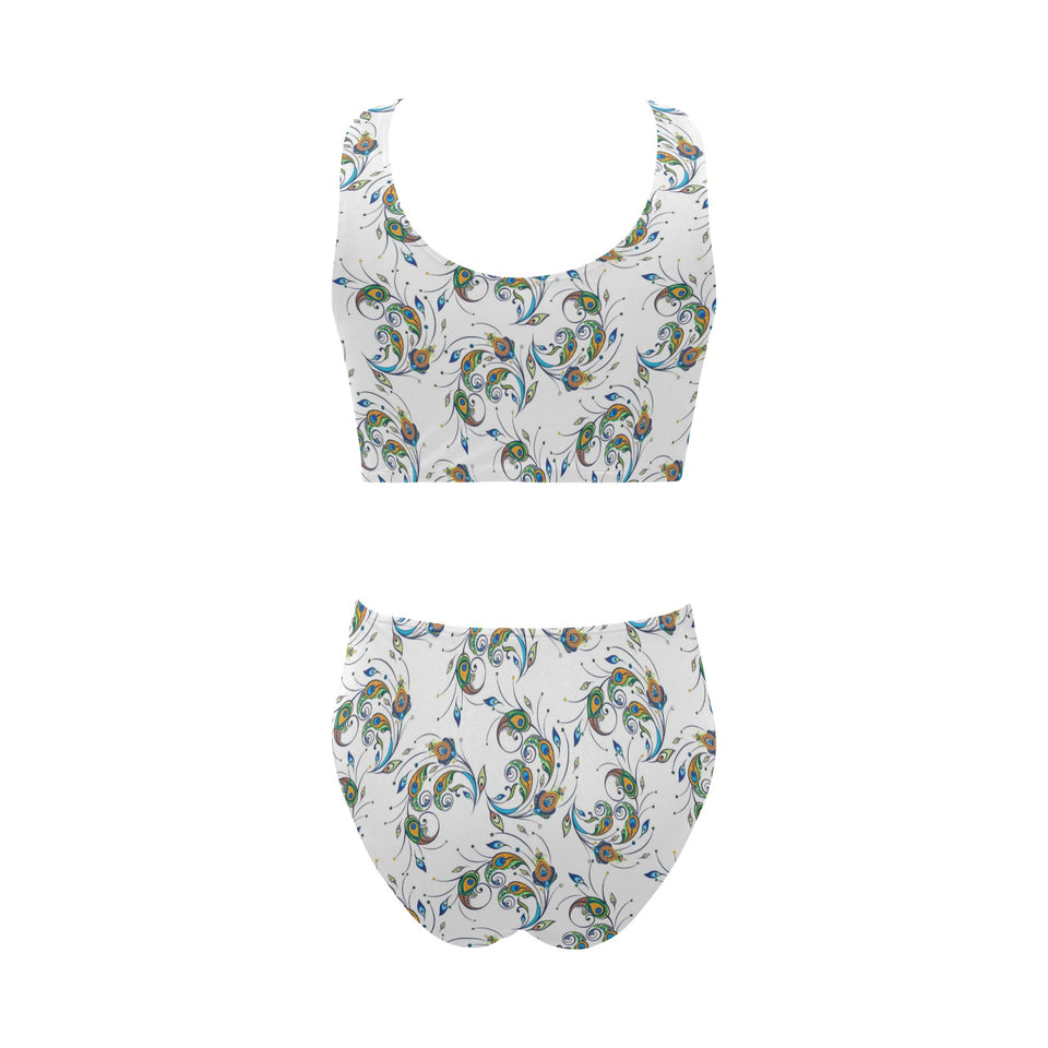 Peacock feather pattern Chest Bowknot High Waisted Bikini Swimsuit