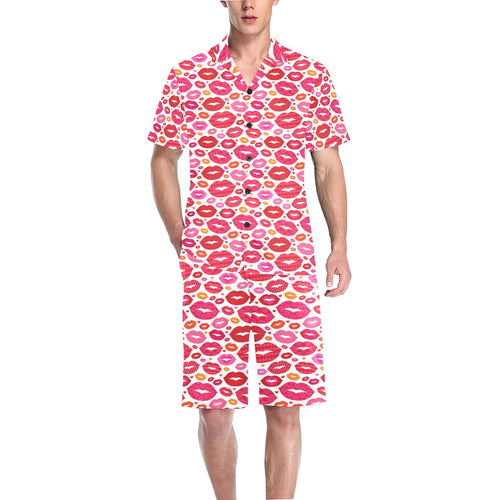 Lips Pattern Print Design 01 Men's V-Neck Short Pajama Set