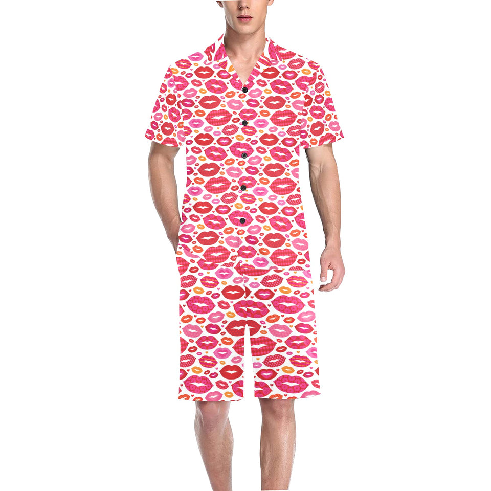 Lips Pattern Print Design 01 Men's V-Neck Short Pajama Set