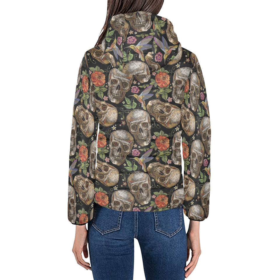 Skull rose humming bird flower pattern Women's Padded Hooded Jacket