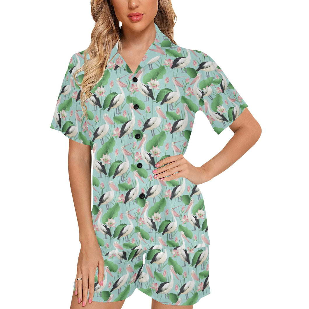 Pelican Pattern Print Design 01 Women's V-Neck Short Pajama Set