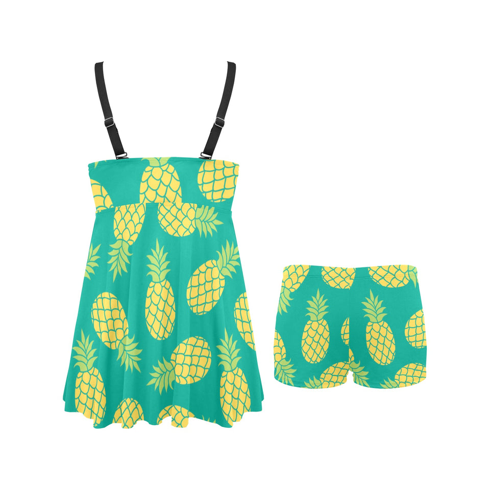 Pineapples pattern green background Chest Sexy Pleated Two Piece Swim Dress