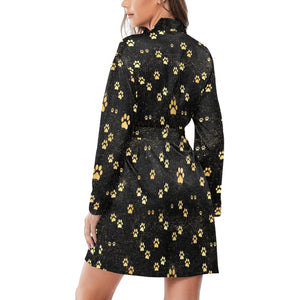 Dog Paws Pattern Print Design 05 Women's Long Sleeve Belted Night Robe