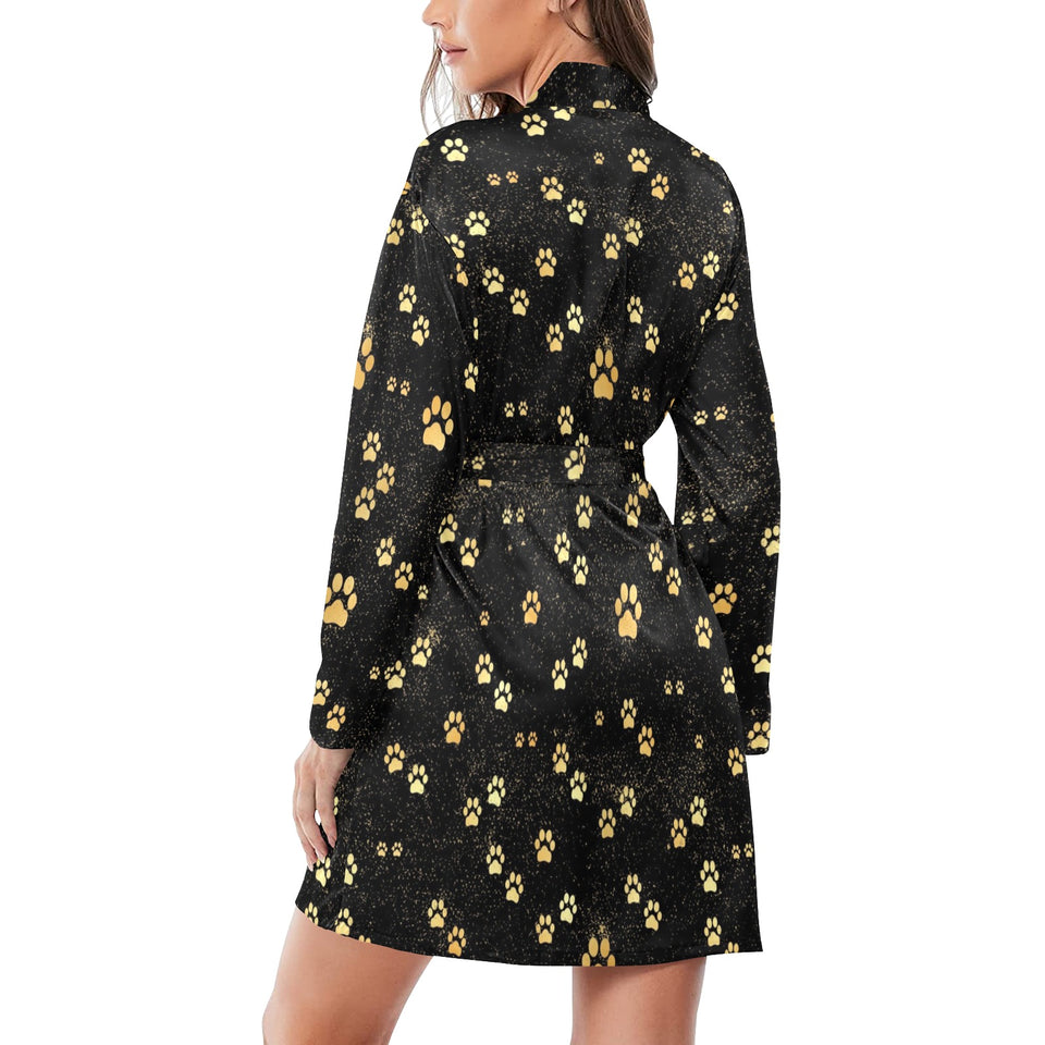 Dog Paws Pattern Print Design 05 Women's Long Sleeve Belted Night Robe