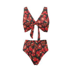 Tomato black background Chest Bowknot High Waisted Bikini Swimsuit