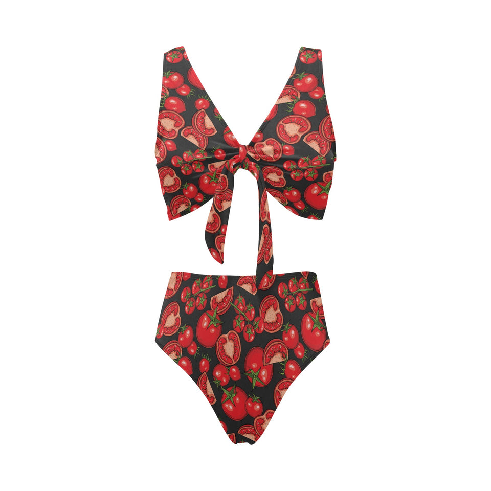 Tomato black background Chest Bowknot High Waisted Bikini Swimsuit