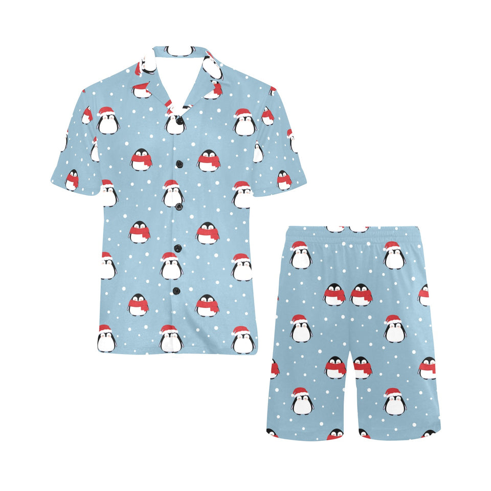 Cute penguin christmas snow pattern Men's V-Neck Short Pajama Set