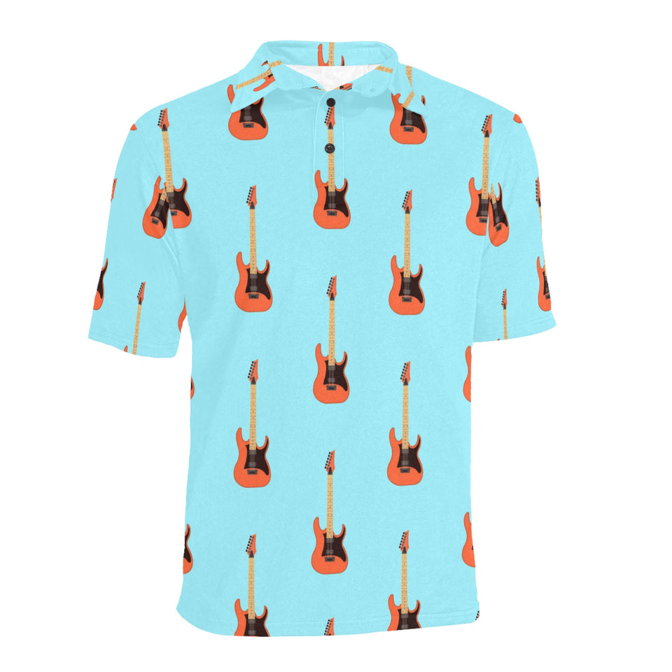 electric guitar pattern light blue background Men's All Over Print Polo Shirt