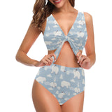 Cute polar bears Christmas decoration pattern Chest Bowknot High Waisted Bikini Swimsuit