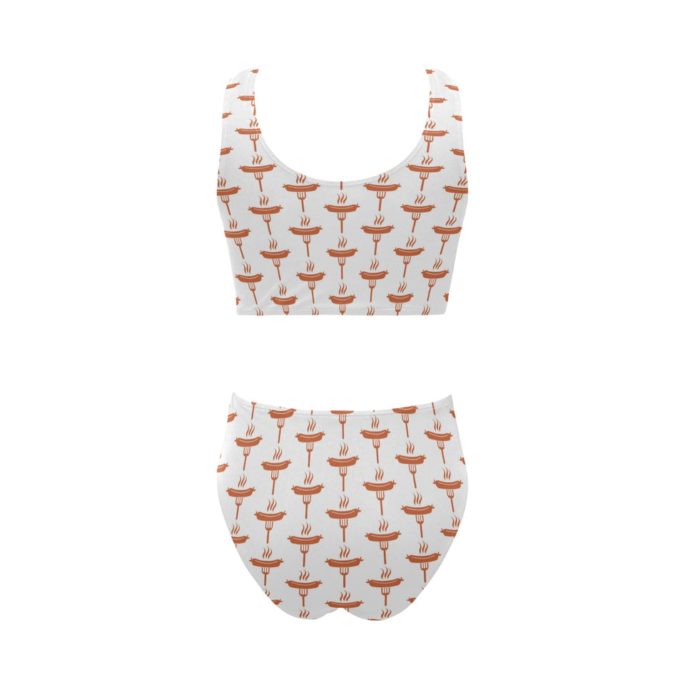 Sausage Pattern Print Design 05 Chest Bowknot High Waisted Bikini Swimsuit