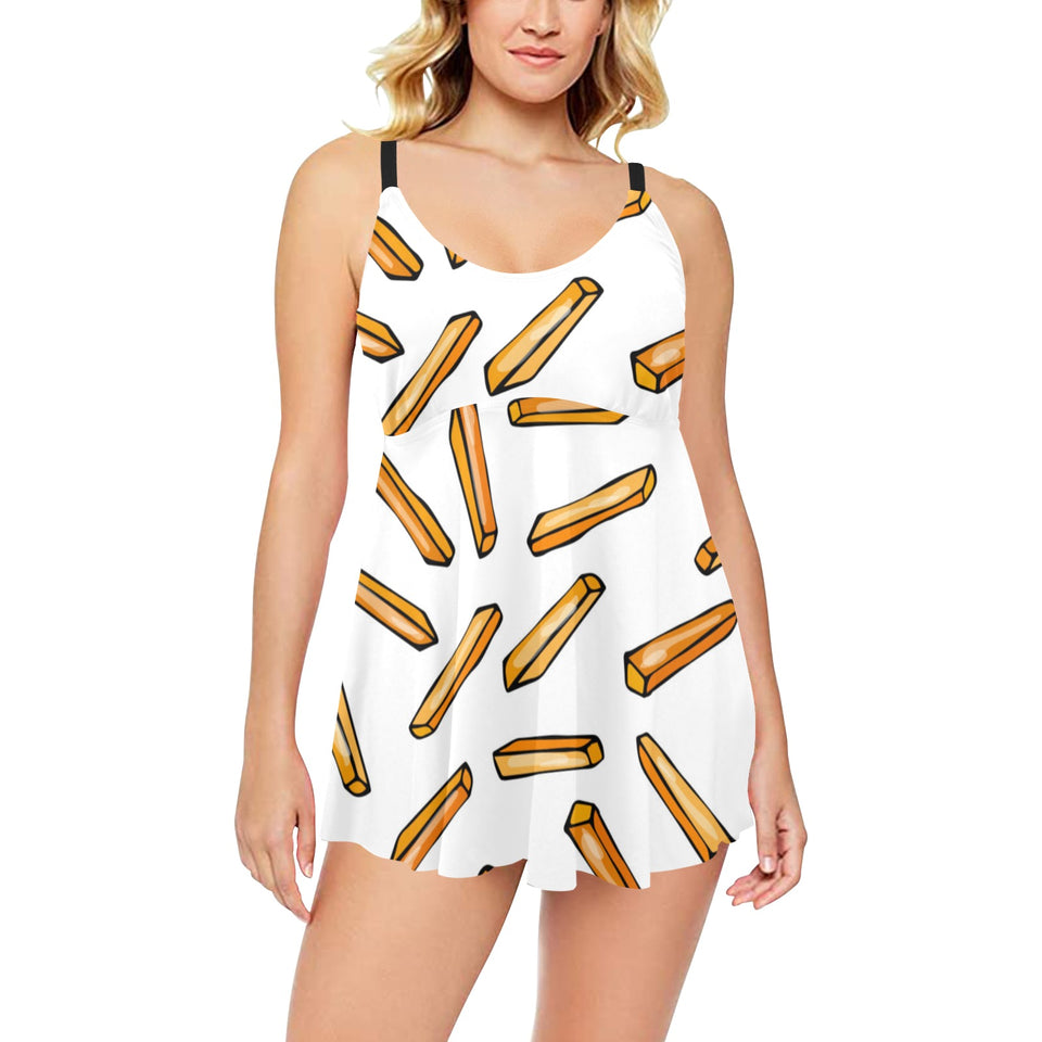 French fries potato pattern Chest Sexy Pleated Two Piece Swim Dress