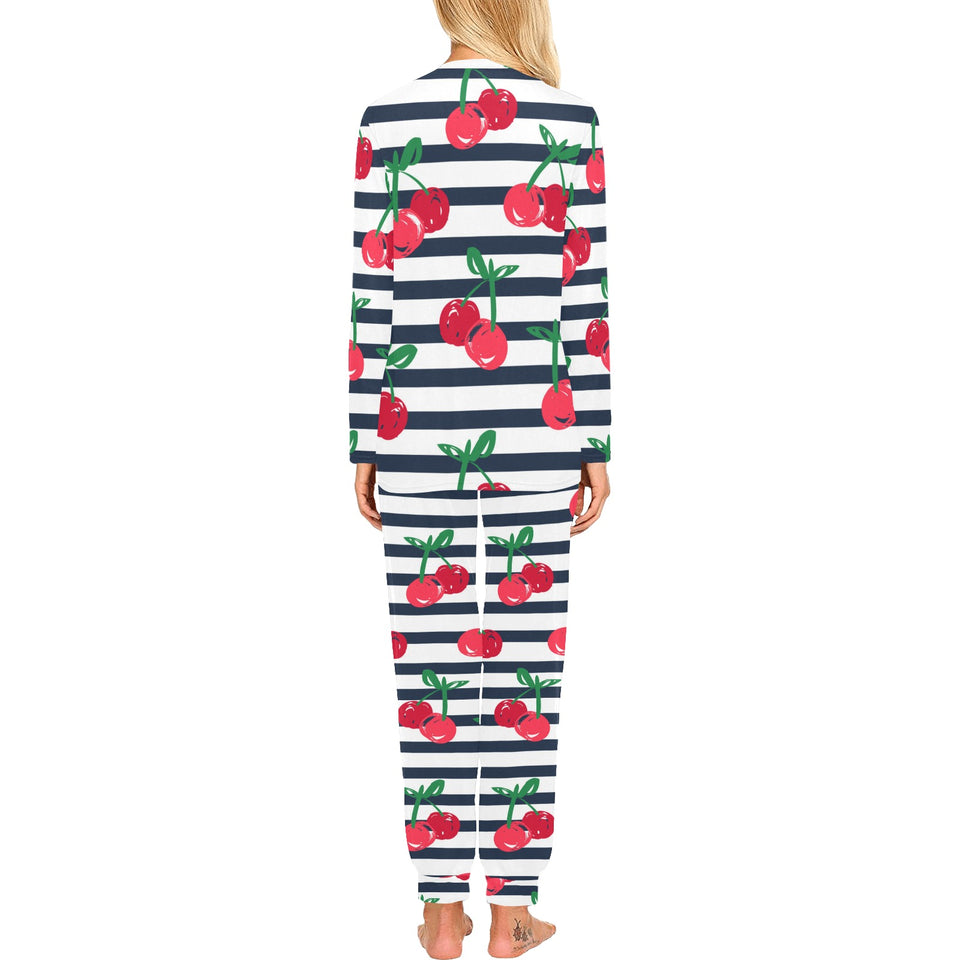 Hand drawn cherry pattern striped background Women's All Over Print Pajama Set