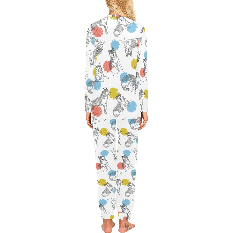 Siberian husky and colorful circle pattern Women's All Over Print Pajama Set