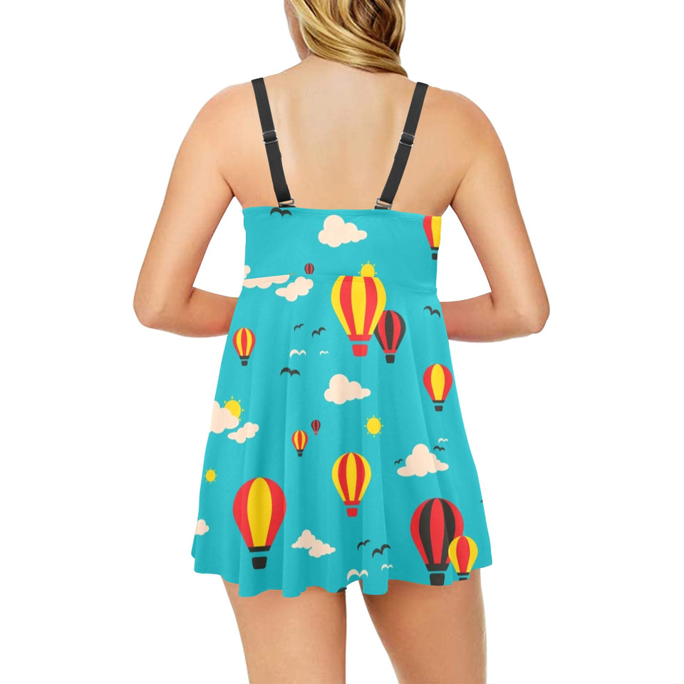 Hot Air Balloon Sky Pattern Chest Sexy Pleated Two Piece Swim Dress