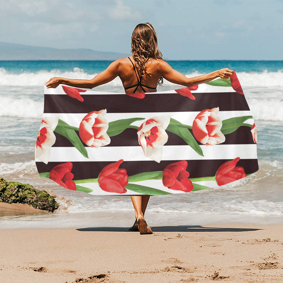 red and white tulips pattern Beach Towel