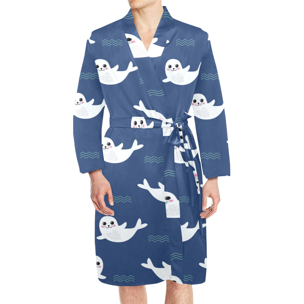 Cute white baby sea lion seal pattern Men's Long Sleeve Belted Night Robe