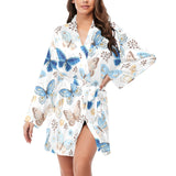 blue butterfly pattern Women's Long Sleeve Belted Night Robe