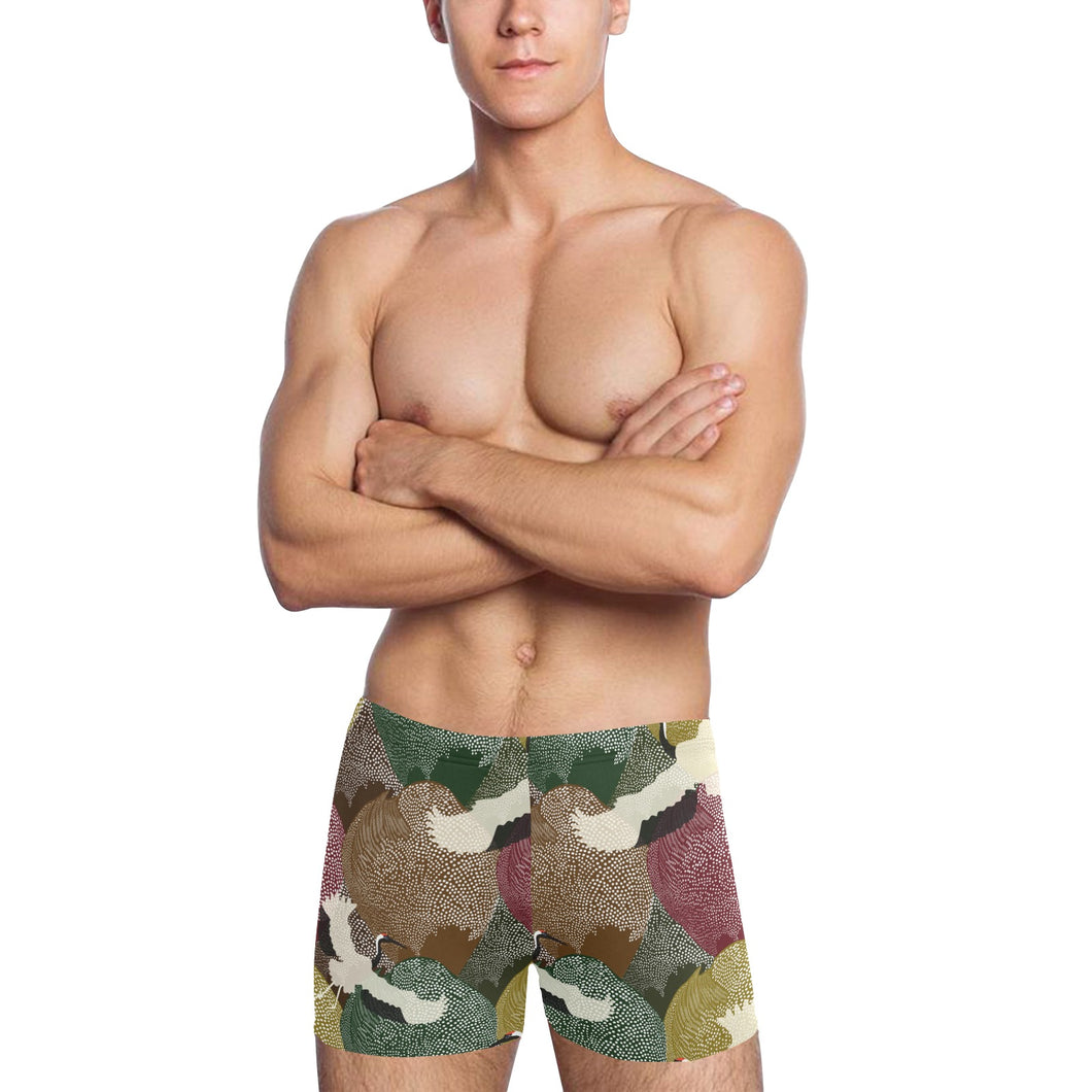 Japanese cranes flying forest dot pattern Men's Swimming Trunks